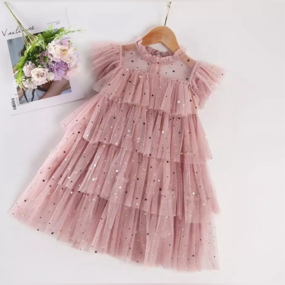 NWT Girls Fly Sleeve Star Moon Tulle Layered Ruffle Princess Dress | PINK